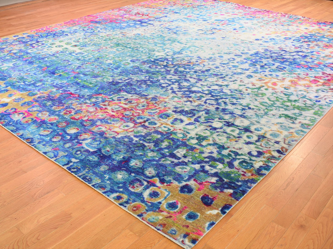 11'10" x 15'0" New Hand Knotted Ivory Wool & Sari Silk Rectangle Oriental Rug - MOA10259265