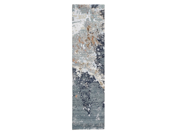 2'6" x 10'0" New Hand Knotted Grey Wool & Silk Runner Oriental Rug - MOA10259348