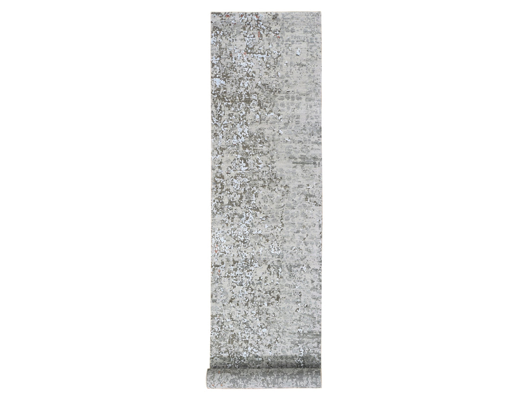 2'6" x 12'1" New Hand Knotted Grey Wool & Silk Runner Oriental Rug - MOA10259349