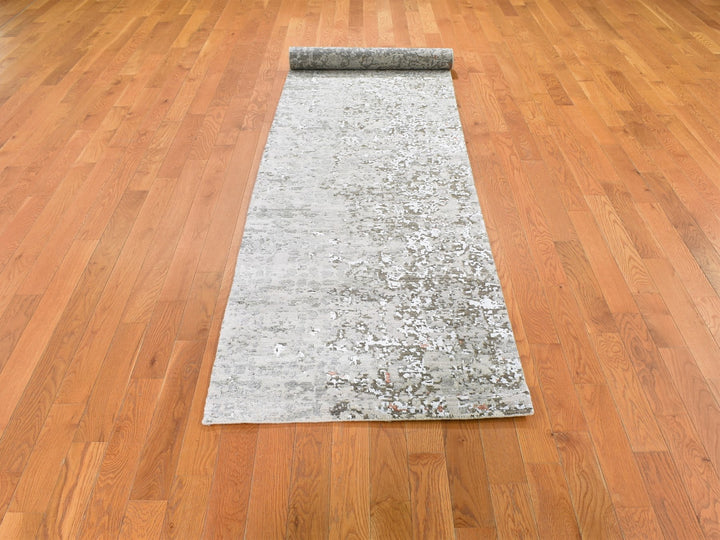 2'6" x 12'1" New Hand Knotted Grey Wool & Silk Runner Oriental Rug - MOA10259349