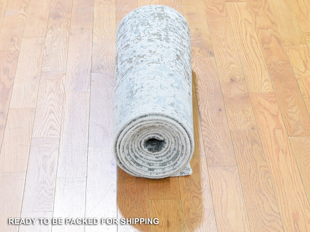 2'6" x 12'1" New Hand Knotted Grey Wool & Silk Runner Oriental Rug - MOA10259349