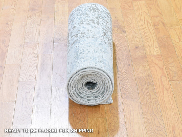 2'6" x 12'1" New Hand Knotted Grey Wool & Silk Runner Oriental Rug - MOA10259349