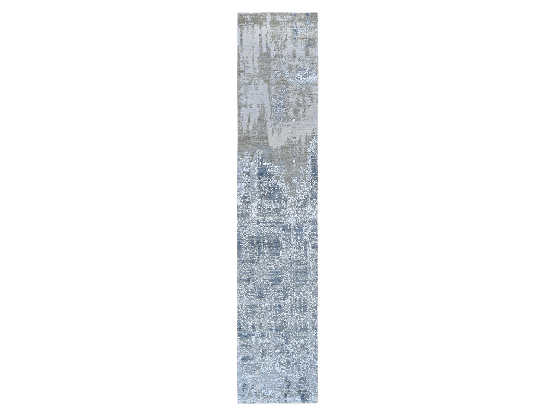 2'5" x 12'1" New Hand Knotted Ivory Wool & Silk Runner Oriental Rug - MOA10259354