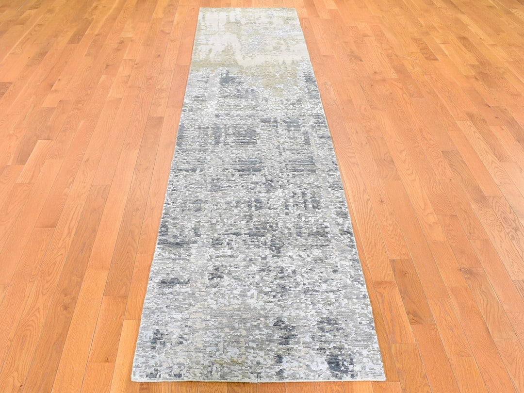 2'5" x 12'1" New Hand Knotted Ivory Wool & Silk Runner Oriental Rug - MOA10259354
