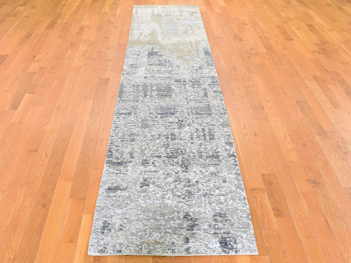 2'5" x 12'1" New Hand Knotted Ivory Wool & Silk Runner Oriental Rug - MOA10259354