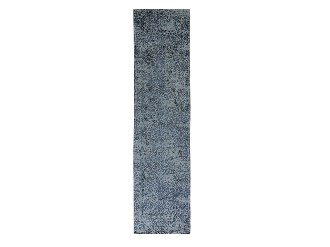 2'5" x 10'1" New Hand Loomed Grey Wool & Silk Runner Oriental Rug - MOA10259360