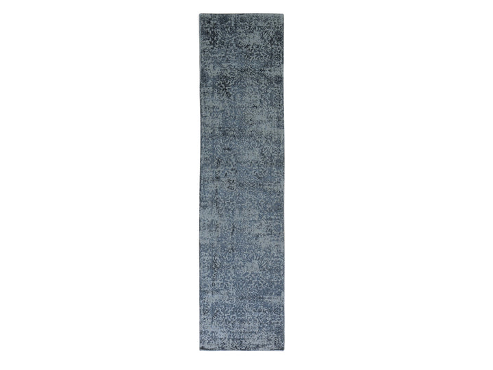 2'5" x 10'1" New Hand Loomed Grey Wool & Silk Runner Oriental Rug - MOA10259360