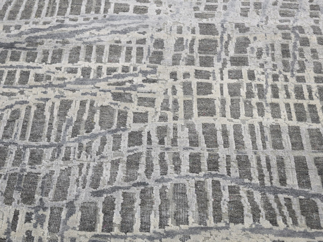 9'0" x 12'1" New Hand Knotted Grey Wool & Silk Rectangle Oriental Rug - MOA10259369