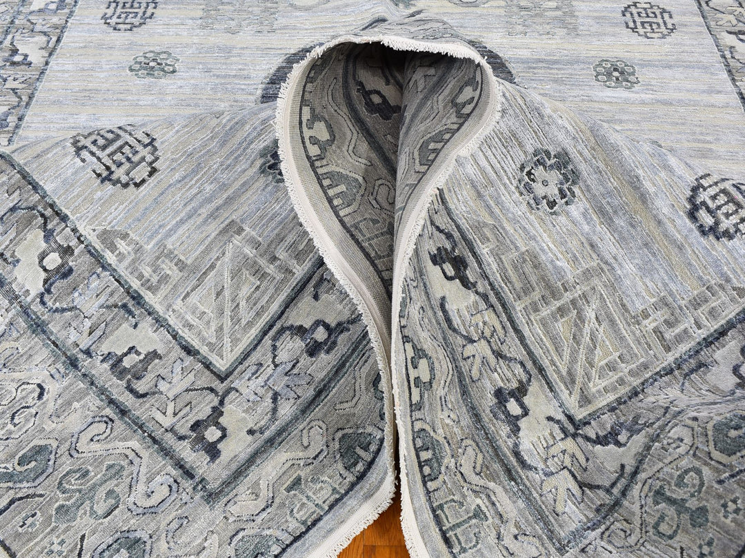 8'10" x 12'1" New Hand Knotted Grey Wool & Silk Rectangle Oriental Rug - MOA10259370