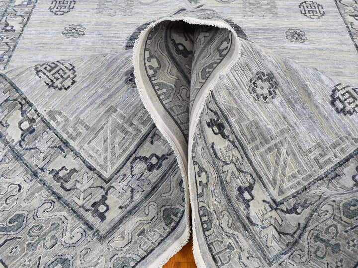 8'10" x 12'1" New Hand Knotted Grey Wool & Silk Rectangle Oriental Rug - MOA10259370