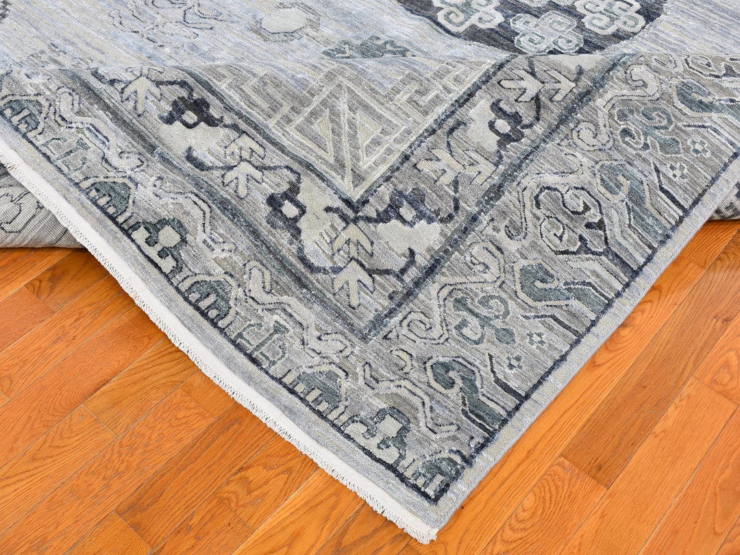 8'10" x 12'1" New Hand Knotted Grey Wool & Silk Rectangle Oriental Rug - MOA10259370