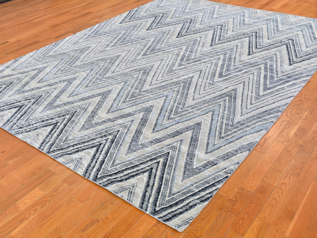 8'9" x 12'2" New Hand Knotted Grey Wool & Silk Rectangle Oriental Rug - MOA10259437