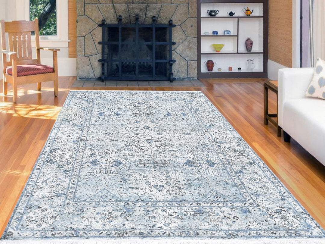 6'0" x 9'3" New Hand Knotted Blue Wool & Silk Rectangle Oriental Rug - MOA10259478