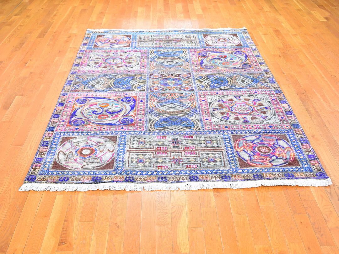 6'1" x 9'0" New Hand Knotted Blue Wool & Silk Rectangle Oriental Rug - MOA10259480