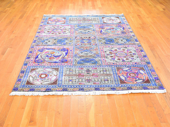 6'1" x 9'0" New Hand Knotted Blue Wool & Silk Rectangle Oriental Rug - MOA10259480