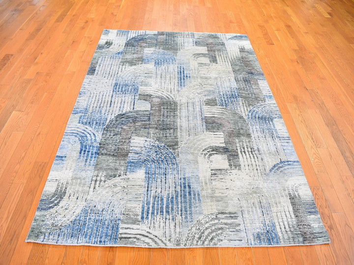 5'1" x 7'0" New Hand Knotted Blue Wool & Silk Rectangle Oriental Rug - MOA10259481