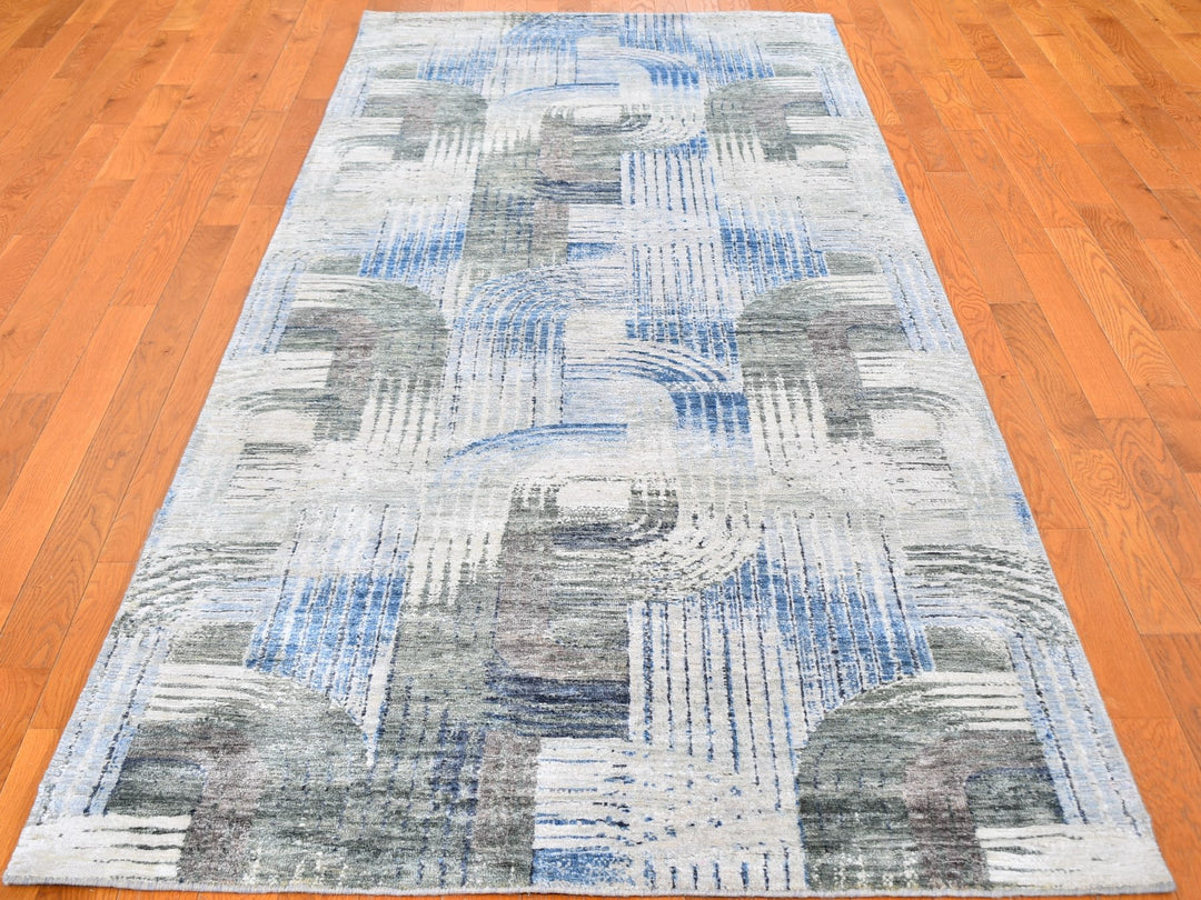 4'0" x 10'2" New Hand Knotted Blue Wool & Silk Runner Oriental Rug - MOA10259482