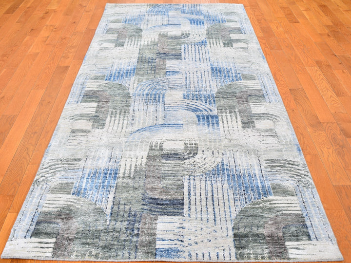 4'0" x 10'2" New Hand Knotted Blue Wool & Silk Runner Oriental Rug - MOA10259482