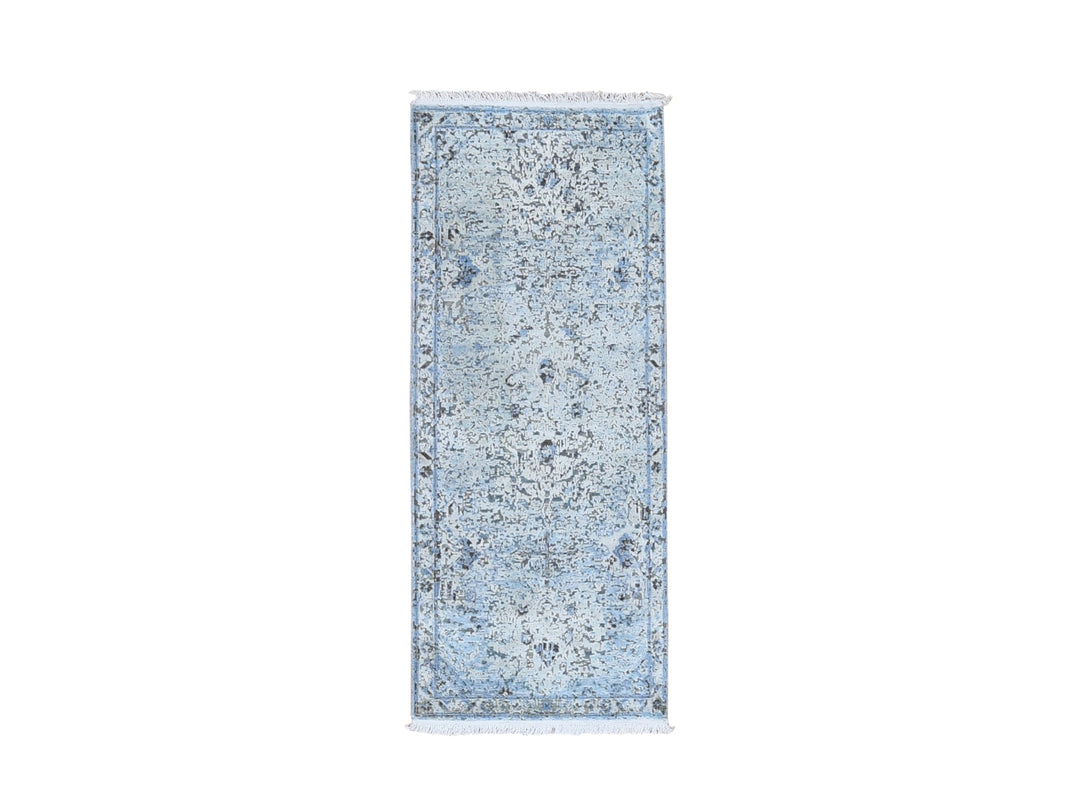 2'5" x 5'10" New Hand Knotted Blue Wool & Silk Runner Oriental Rug - MOA10259484
