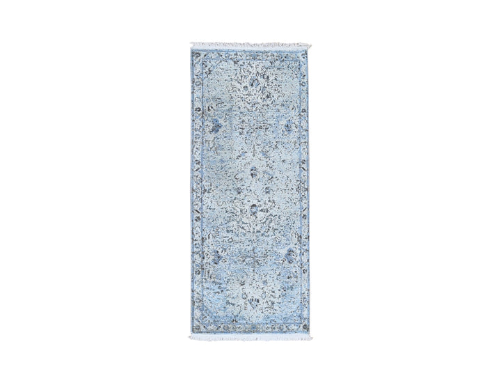 2'5" x 5'10" New Hand Knotted Blue Wool & Silk Runner Oriental Rug - MOA10259484