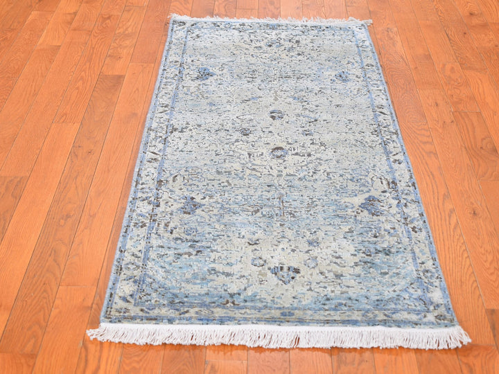 2'5" x 5'10" New Hand Knotted Blue Wool & Silk Runner Oriental Rug - MOA10259484