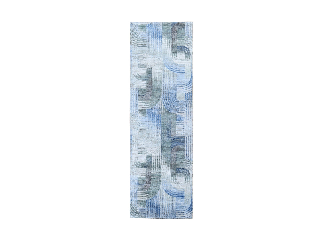 2'7" x 10'4" New Hand Knotted Blue Wool & Silk Runner Oriental Rug - MOA10259488