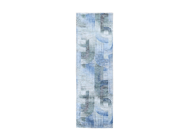 2'7" x 10'4" New Hand Knotted Blue Wool & Silk Runner Oriental Rug - MOA10259488