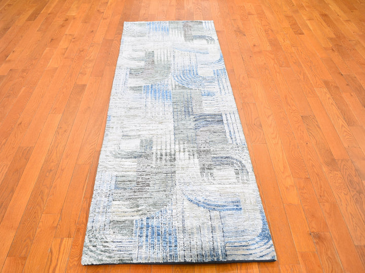 2'7" x 10'4" New Hand Knotted Blue Wool & Silk Runner Oriental Rug - MOA10259488