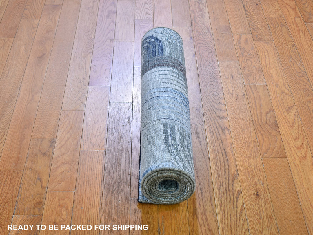 2'7" x 10'4" New Hand Knotted Blue Wool & Silk Runner Oriental Rug - MOA10259488