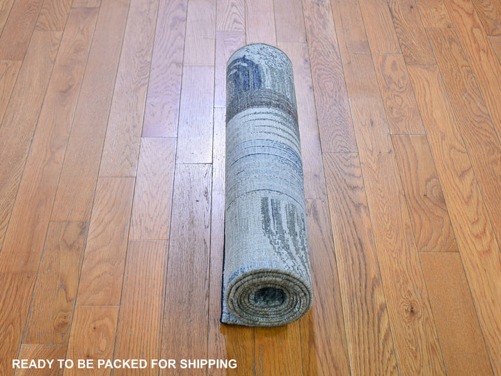 2'7" x 10'4" New Hand Knotted Blue Wool & Silk Runner Oriental Rug - MOA10259488