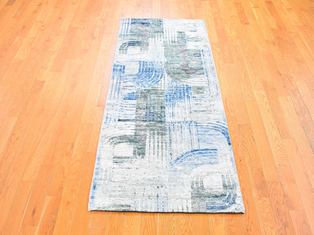 2'8" x 6'1" New Hand Knotted Blue Wool & Silk Runner Oriental Rug - MOA10259499
