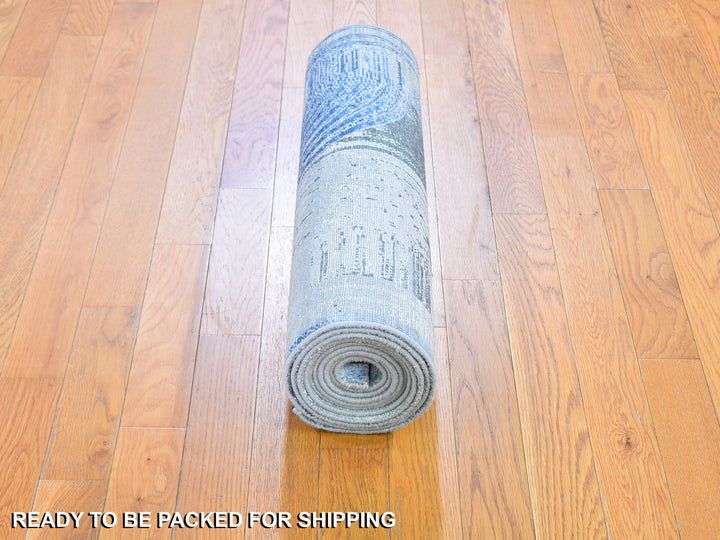 2'6" x 12'3" New Hand Knotted Blue Wool & Silk Runner Oriental Rug - MOA10259503