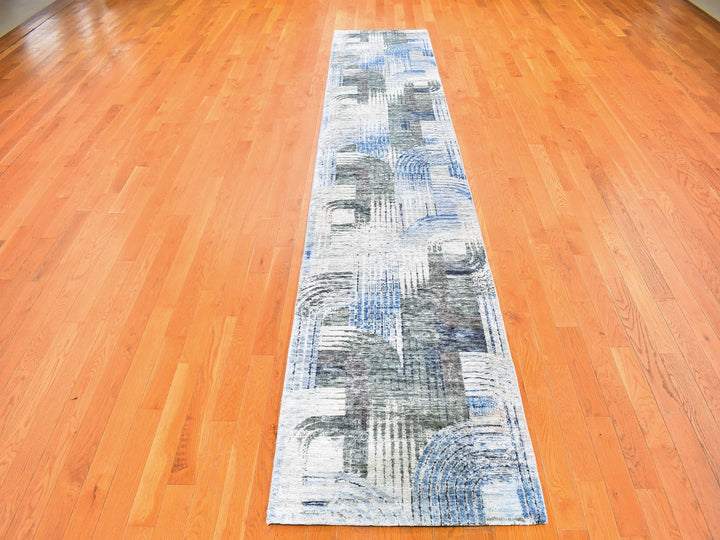 2'7" x 12'0" New Hand Knotted Blue Wool & Silk Runner Oriental Rug - MOA10259504