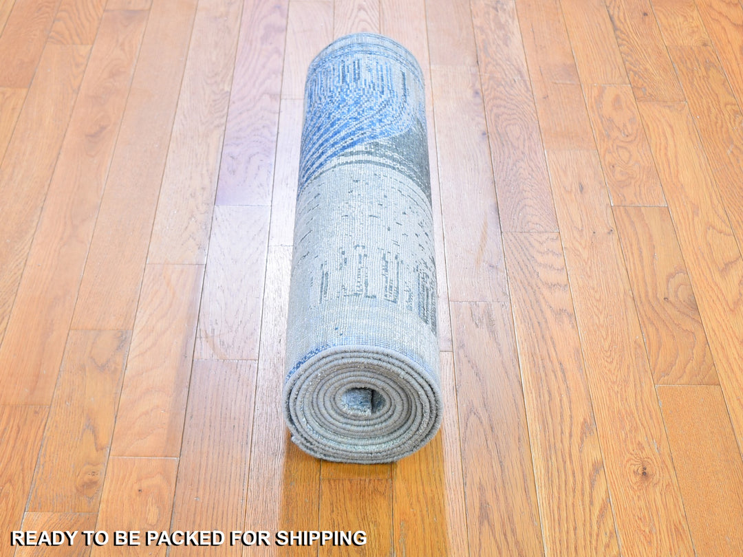 2'7" x 12'0" New Hand Knotted Blue Wool & Silk Runner Oriental Rug - MOA10259504