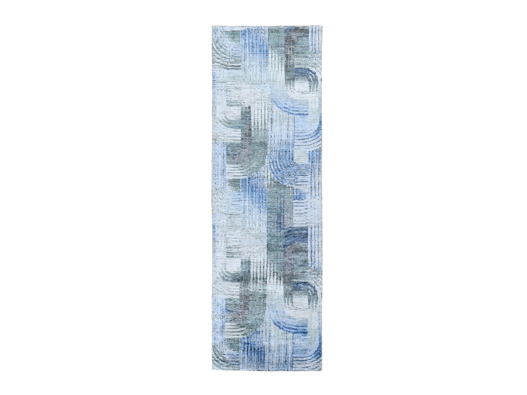 2'7" x 10'4" New Hand Knotted Blue Wool & Silk Runner Oriental Rug - MOA10259506