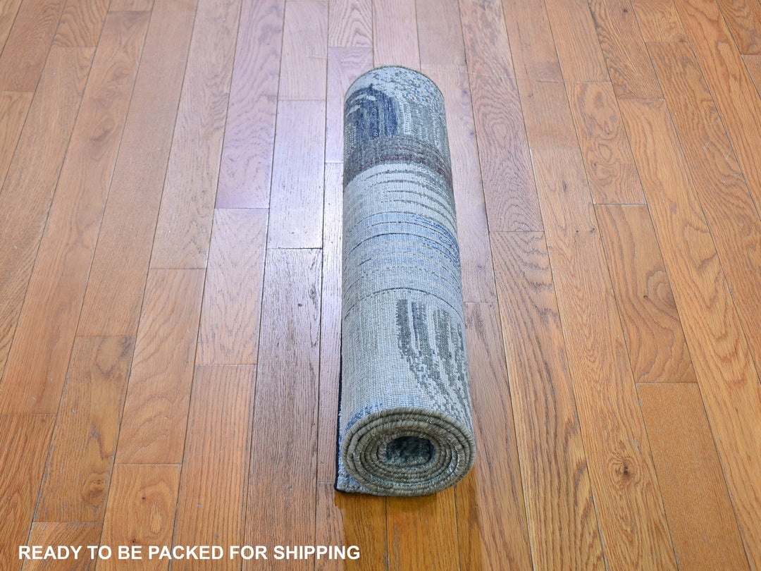 2'7" x 10'4" New Hand Knotted Blue Wool & Silk Runner Oriental Rug - MOA10259506