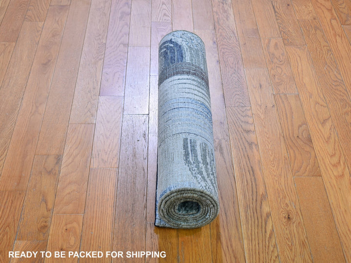 2'7" x 10'4" New Hand Knotted Blue Wool & Silk Runner Oriental Rug - MOA10259506