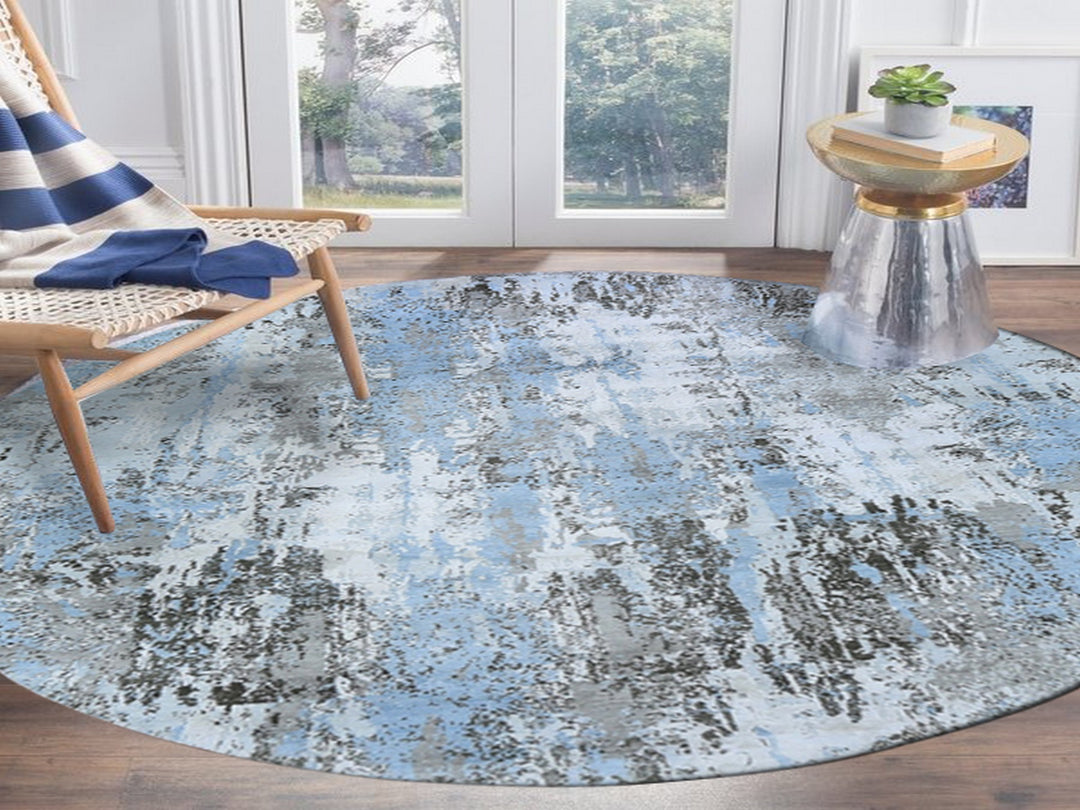 8'1" x 8'1" New Hand Knotted Blue Wool Round Oriental Rug - MOA10259523
