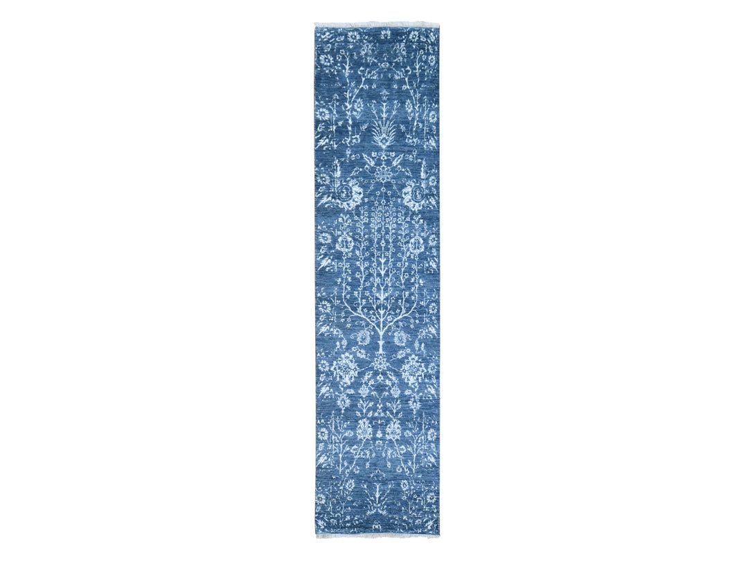 2'6" x 10'2" New Hand Knotted Blue Wool & Silk Rectangle Oriental Rug - MOA10259559