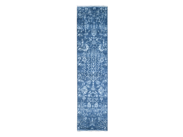 2'6" x 10'2" New Hand Knotted Blue Wool & Silk Rectangle Oriental Rug - MOA10259559