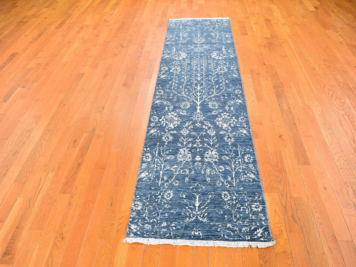 2'6" x 10'2" New Hand Knotted Blue Wool & Silk Rectangle Oriental Rug - MOA10259559