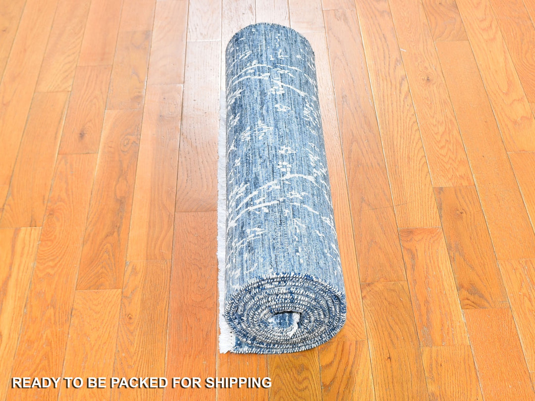 2'6" x 10'2" New Hand Knotted Blue Wool & Silk Rectangle Oriental Rug - MOA10259559