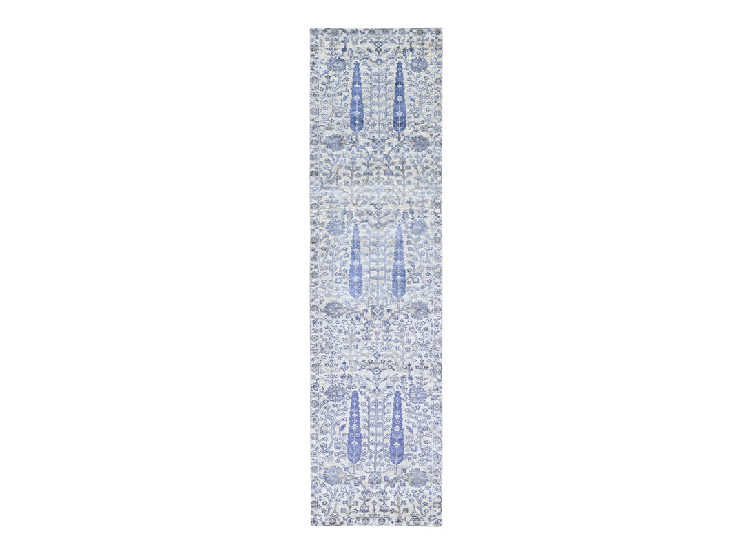 2'7" x 10'1" New Hand Knotted Ivory Wool & Silk Runner Oriental Rug - MOA10259590