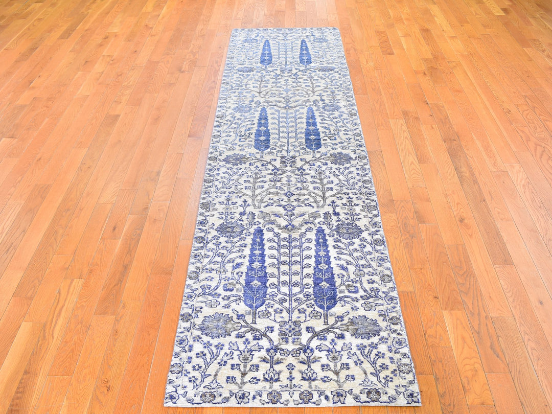 2'7" x 10'1" New Hand Knotted Ivory Wool & Silk Runner Oriental Rug - MOA10259590
