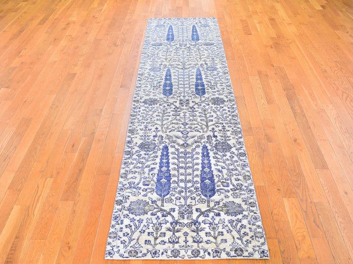 2'7" x 10'1" New Hand Knotted Ivory Wool & Silk Runner Oriental Rug - MOA10259590
