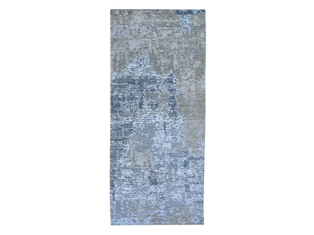 2'5" x 12'1" New Hand Knotted Grey Wool & Silk Runner Oriental Rug - MOA10259617