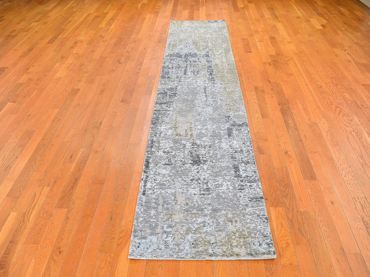 2'5" x 12'1" New Hand Knotted Grey Wool & Silk Runner Oriental Rug - MOA10259617