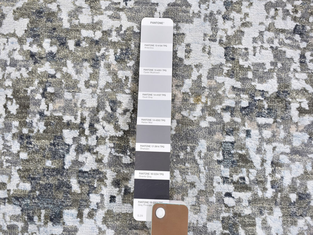 2'5" x 12'1" New Hand Knotted Grey Wool & Silk Runner Oriental Rug - MOA10259617