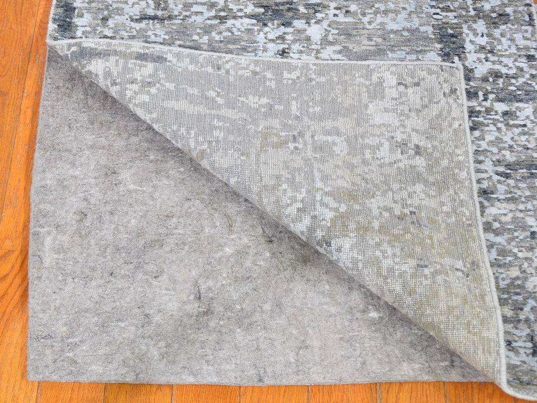 2'5" x 12'1" New Hand Knotted Grey Wool & Silk Runner Oriental Rug - MOA10259617