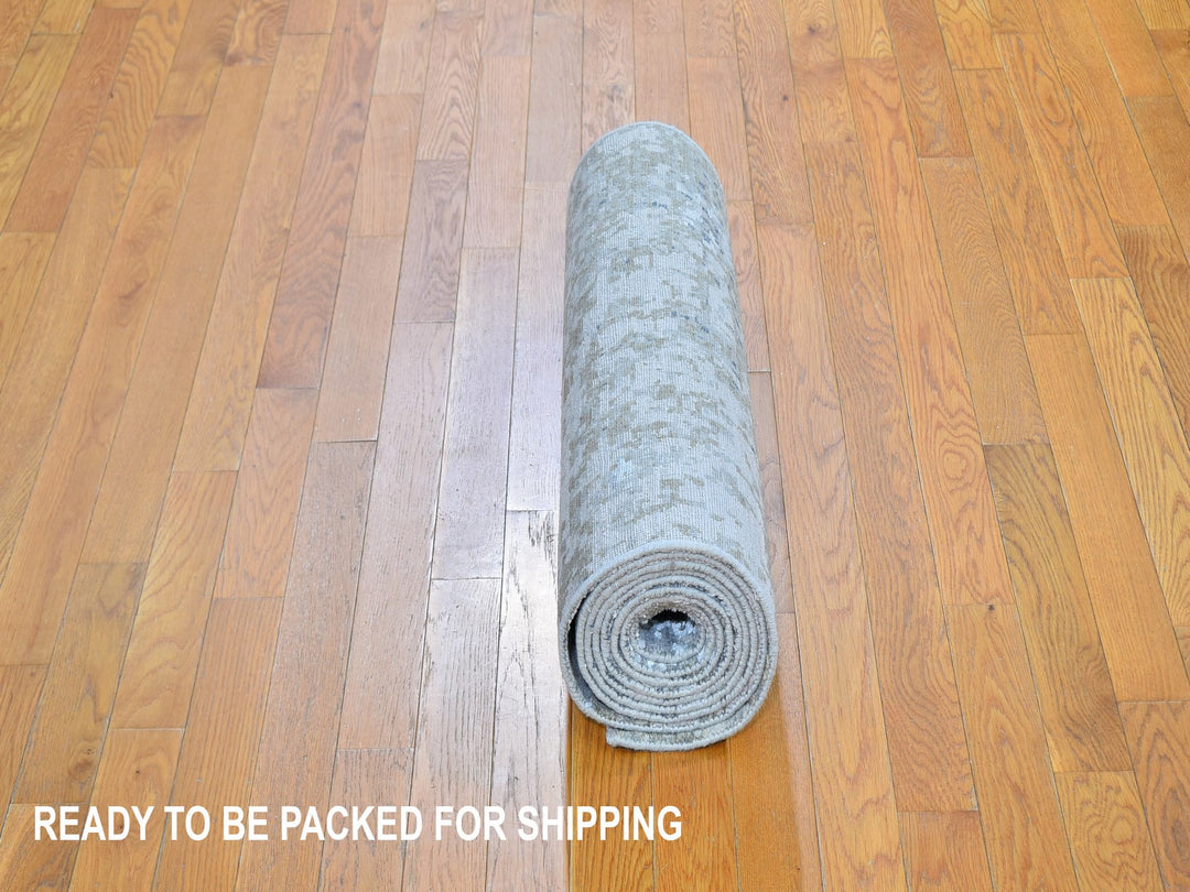 2'5" x 12'1" New Hand Knotted Grey Wool & Silk Runner Oriental Rug - MOA10259617